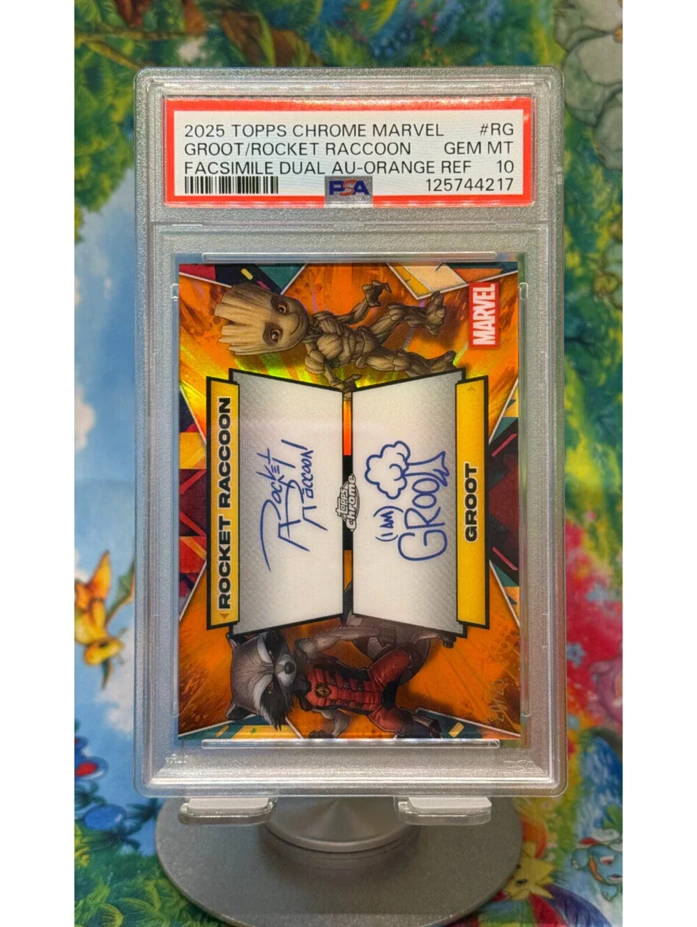 Groot & Rocket Raccoon Dual Auto Orange Refractor 2025 Topps Chrome Marvel PSA10